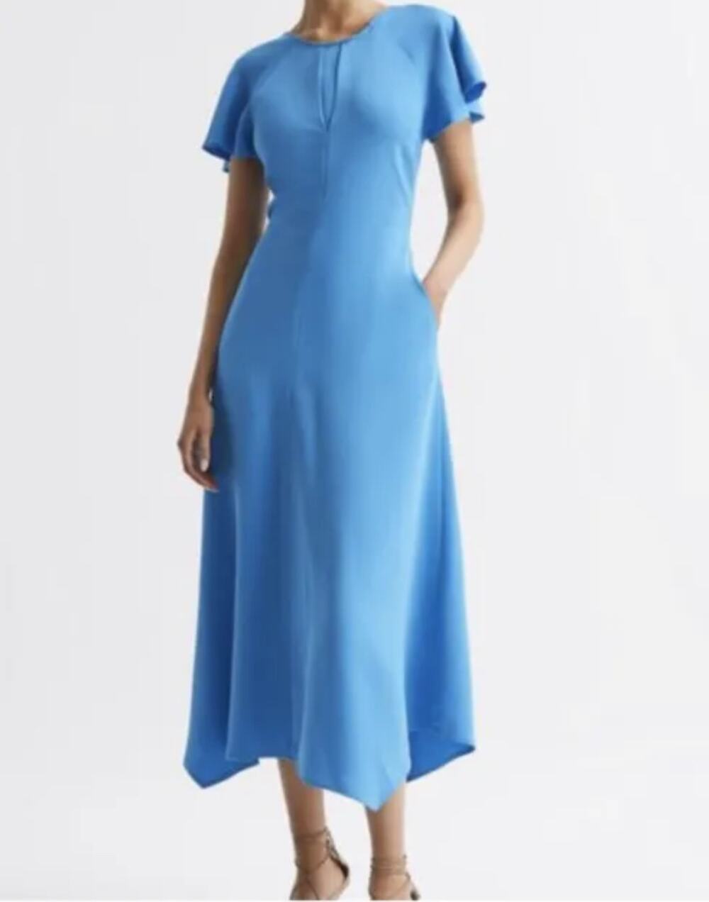Reiss Eleni Blue Crepe Midi Dress Cap Sleeve Work Occasion XS 2